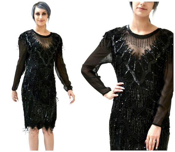 90s Vintage Black Sequin Beaded Dress Size Small … - image 1