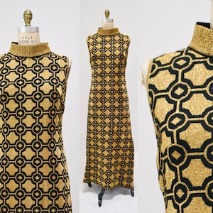 60s 70s Vintage Gold Black Knit Metallic Dress Long Black Gold Geometric Jacquard Maxi Dress Medium Large by Carolo South Africa