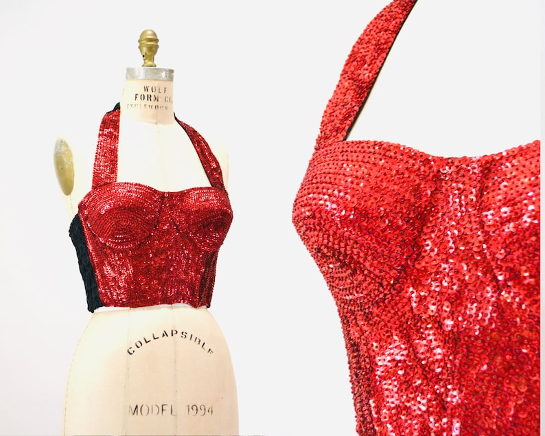 80s 90s Vintage Red Sequin Bustier Crop Top Halter top Size Medium Sequin Red Halter Top Disco Dance 80s 90s Sequin Showgirl Halter TOp image 1