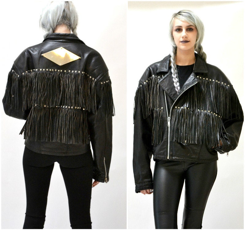 Vintage Black Leather Jacket With Fringe Size Medium Large// | Etsy