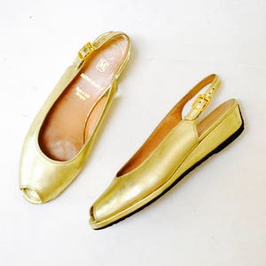 Vintage Gold Metallic Leather Sandals Slip on Heels Shoes 6 1/2 Burn Magli Made in Italy// Gold Leather Peep toling Backs Wedge 6 1/2 image 1