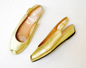 Vintage Gold Metallic Leather Sandals Slip on Heels Shoes 6 1/2 Bruno Magli Made in Italy// Gold Leather Peep toe Sling Backs Wedge 6 1/2
