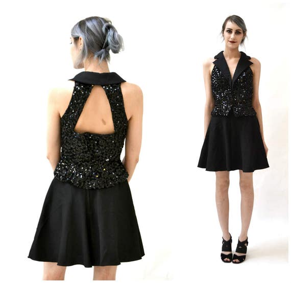 80s Vintage Prom Set Black sequin Vest Black Shor… - image 3