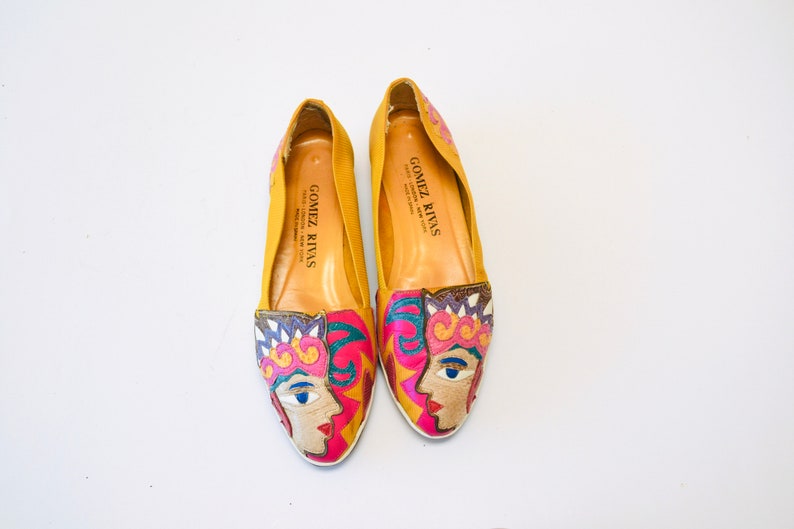 80s 90s Vintage Yellow Face Leather Flats by Gomez Rivas Size 7 1/2 8 yellow Rainbow Leather Shoes Flats Tropical Face Pop Art Leather Shoes image 9