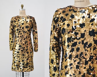 80s 90s Vintage Sequin Leopard Animal Pattern Dress Size Small by Modi 80s 90s Brown Black Sequin Dress with Leopard Cheetah Animal Print