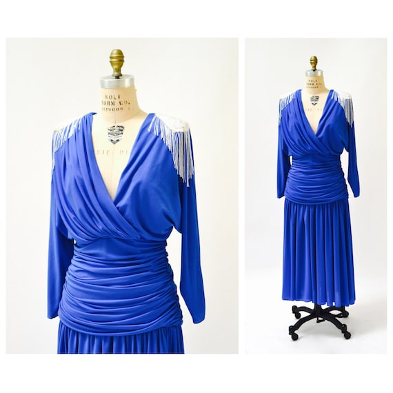 70s Vintage Blue Sequin Dress Party Dress Size Me… - image 1