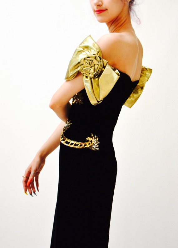 Vintage 80s Prom Dress Black Gold Evening Gown Ve… - image 7