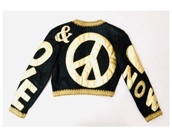 90s Vintage Moschino Peace LOVE NOW Leather Jacket Vintage Black Gold Metallic Leather Heart Jacket by Moschino Leather Medium