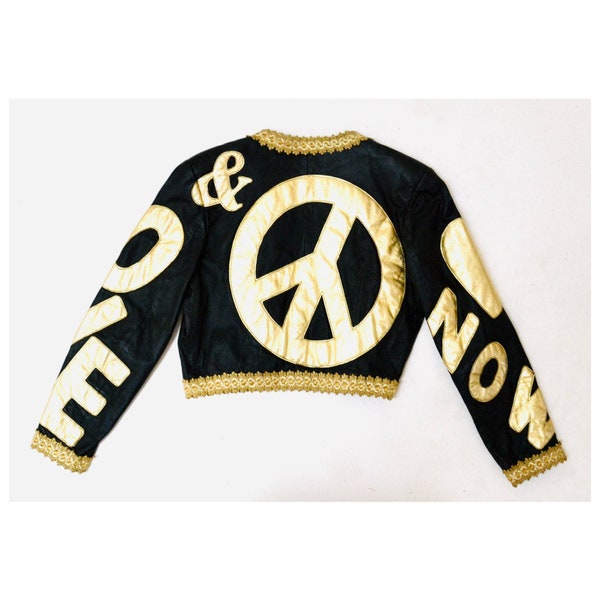 90s Vintage Moschino Peace LOVE NOW Leather Jacket Vintage Black Gold Metallic Leather Heart Jacket by Moschino Leather Medium