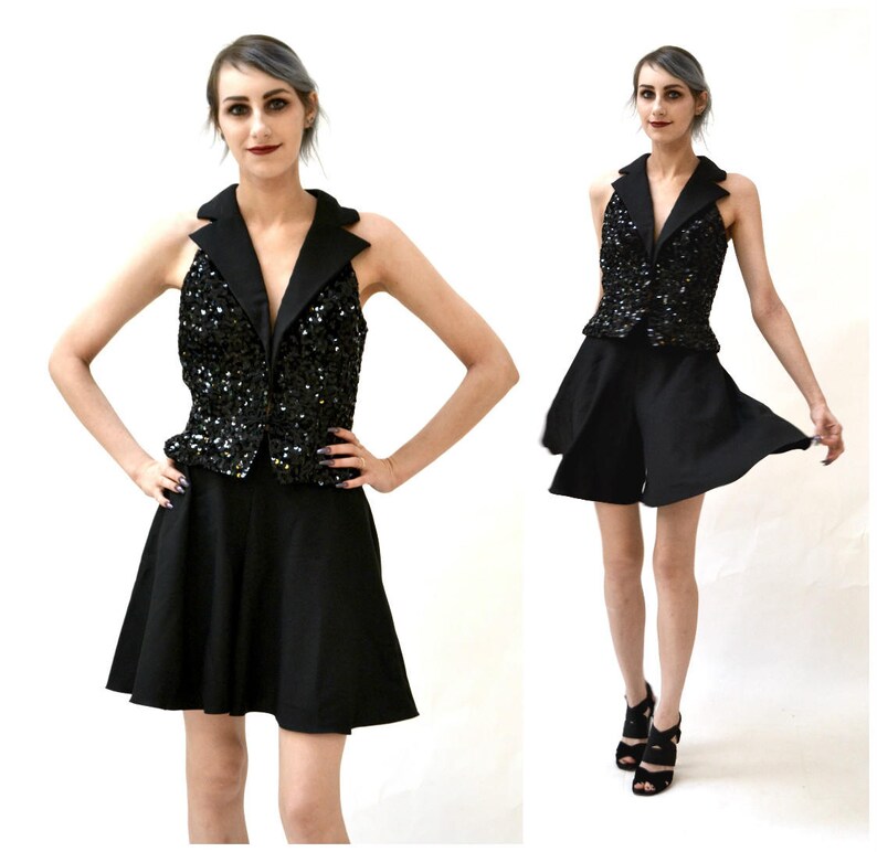 80s Vintage Prom Set Black sequin Vest Black Shorts Small By Mike Benet// 80s Metallic Sequin Suit Black Sequin Vest Show Girl Costume image 2