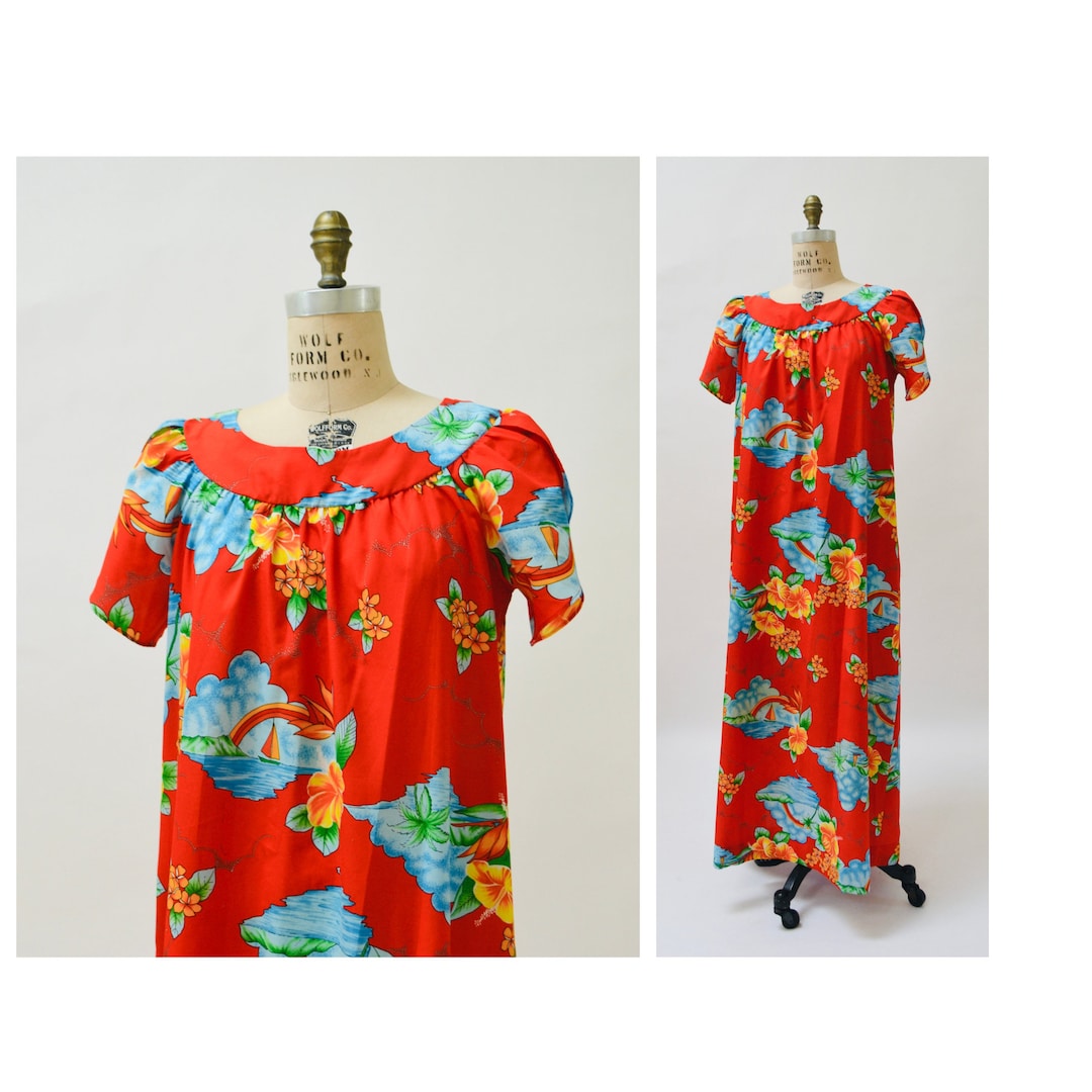 80s Vintage Red Hawaiian Floral Print Dress Large Beach Cover up Moo ...