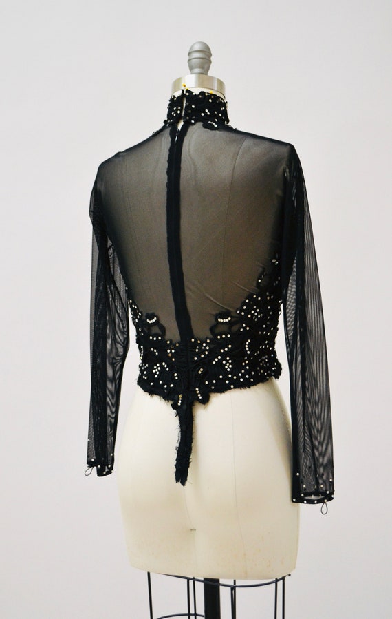 90s Black Sheer Rhinestone Showgirl Top Shirt Siz… - image 8