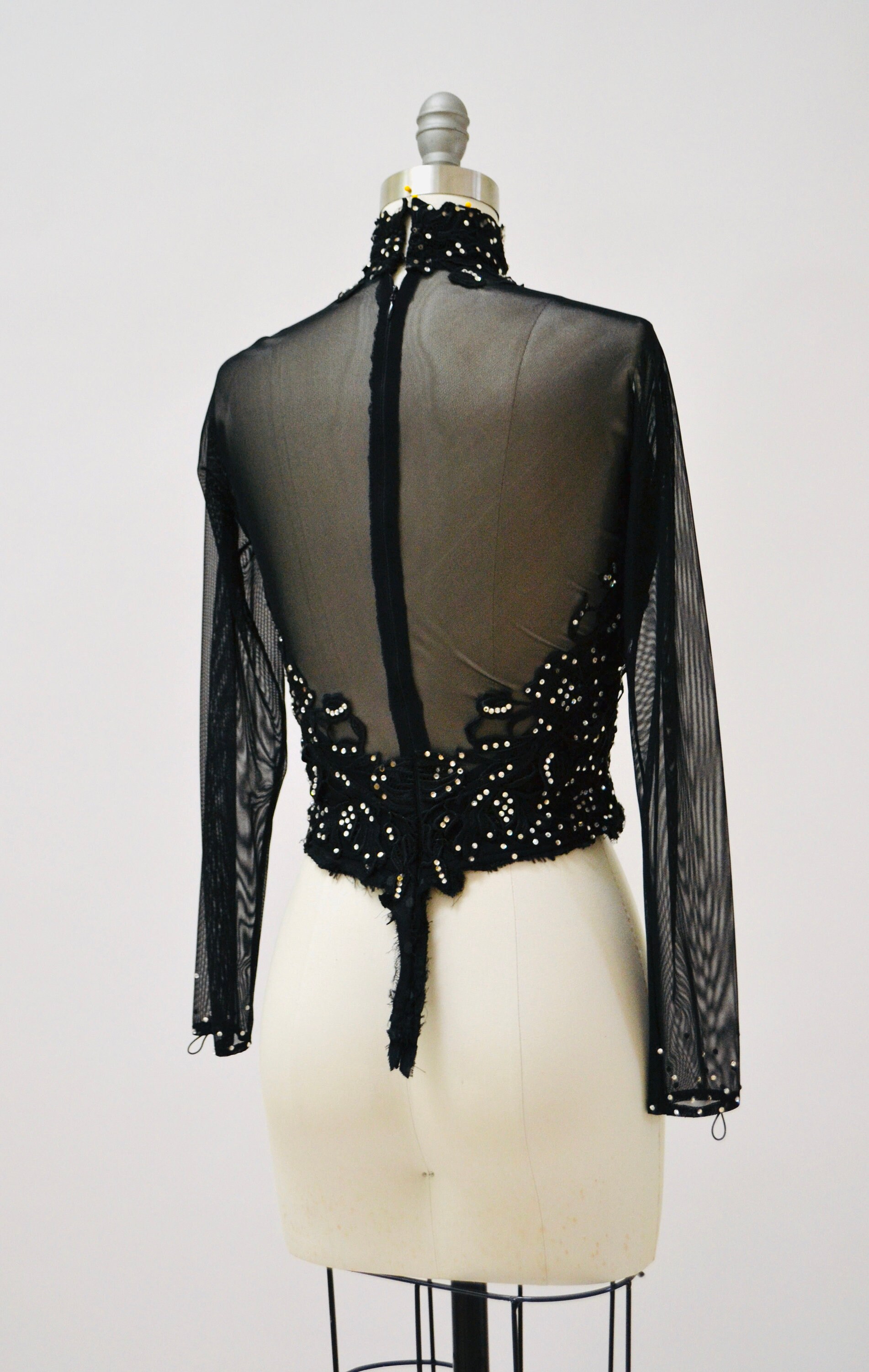 90s Black Sheer Rhinestone Showgirl Top Shirt Size Small