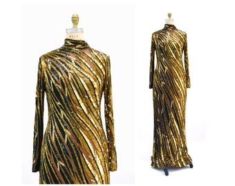 80s 90s Vintage Beaded Sequin Gown Dress By Bob Mackie Gold Black Tiger Stripe Long Sleeve Sequin Gown BoB Mackie Cher Sequin Dress Small