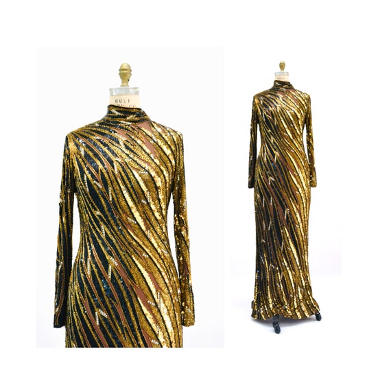 80s 90s Vintage Beaded Sequin Gown Dress by Bob Mackie Gold Black Tiger Stripe Long Sleeve Sequin Gown Bob Mackie Cher Sequin Dress Small