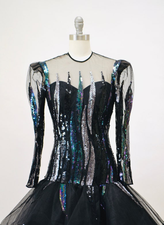 Vintage 80s 90s Black Sheer Sequin Dress XS Small… - image 4