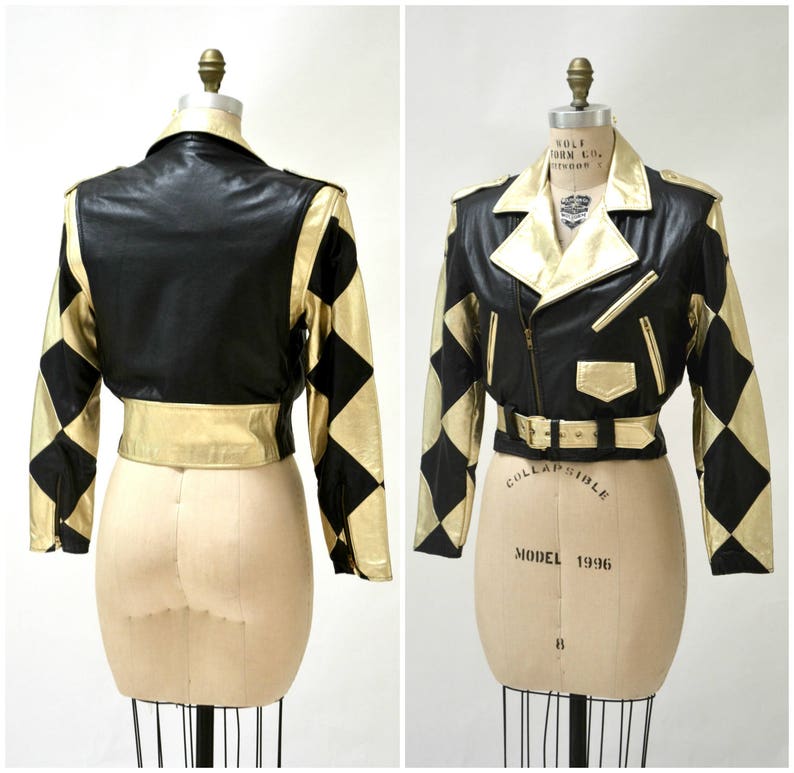 Vintage Leather Motorcycle Jacket in Metallic Gold and Black Checker Size Medium by Expose 90s Metallic Black and Gold Leather Jacket