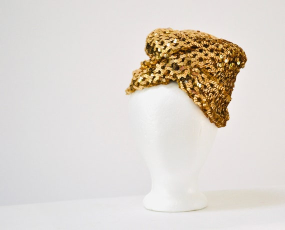 50s 60s Vintage Gold Sequin Hat Turban Genie Costu