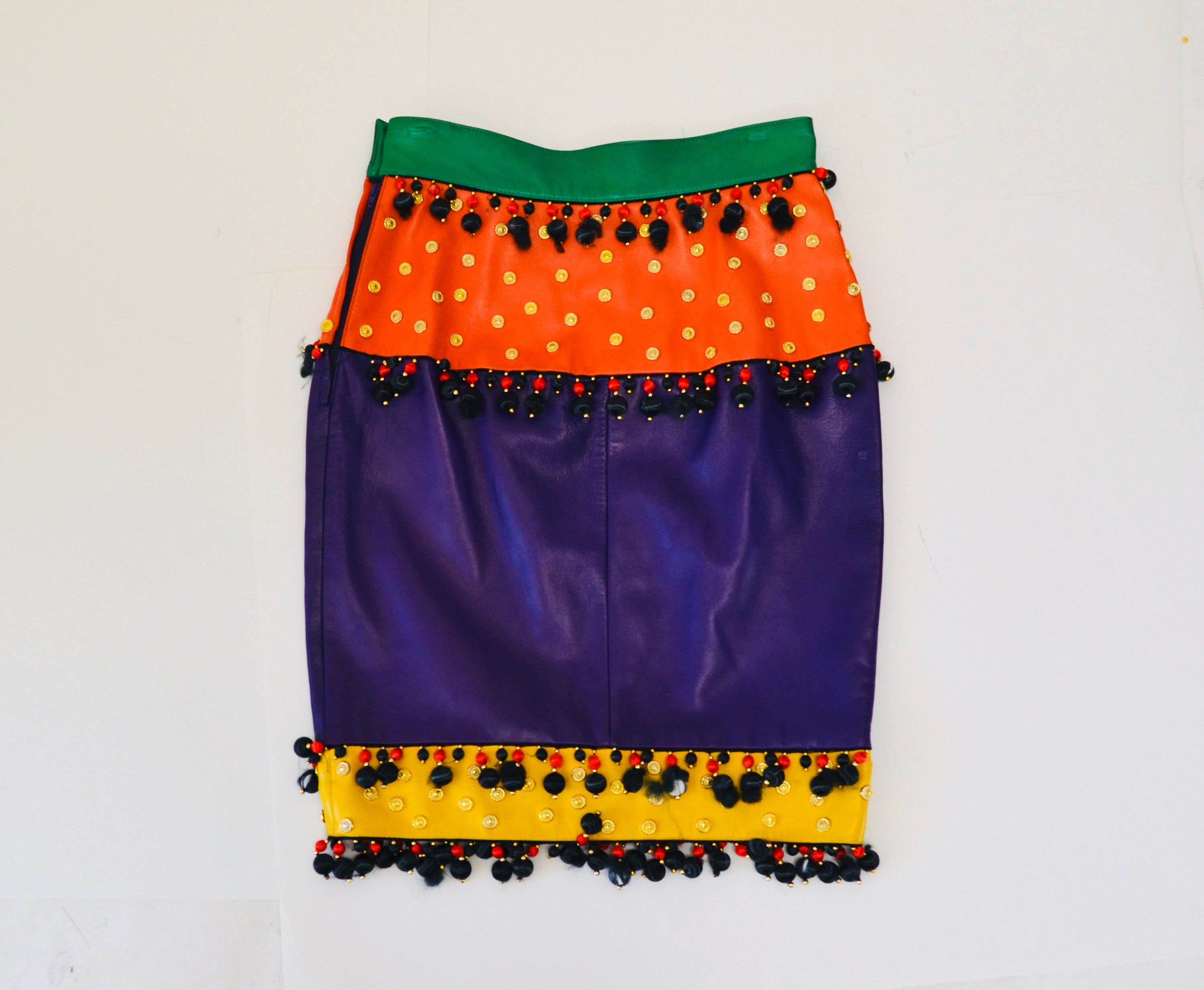 Vintage 90s Moschino Rainbow Leather SKIRT 1991 Spring