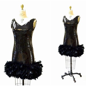 80s Vintage Black Sequin Feather Dress Small // Vintage Party Flapper Black sequin Dress Feather Boa Showgirl Dress Small Dana Deatherage image 3