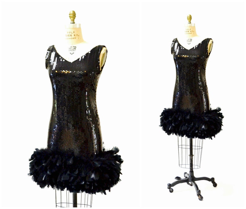 80s Vintage Black Sequin Feather Dress Small // Vintage Party Flapper Black sequin Dress Feather Boa Showgirl Dress Small Dana Deatherage image 3