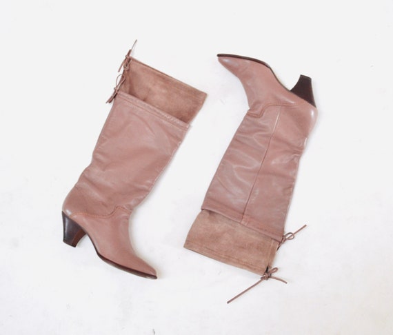 80s Vintage Nude Brown Leather High Heel Boots Si… - image 3
