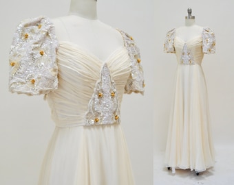 70er 80er Jahre Vintage Creme Weiß Seide Chiffon Pailletten Perlen Kleid Kleid XS Small Richilene// Vintage Silk Konservative Hochzeitskleid Perlen Pailletten