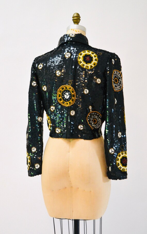 80s 90s Vintage Sequin Jacket Black Gold Metallic… - image 7