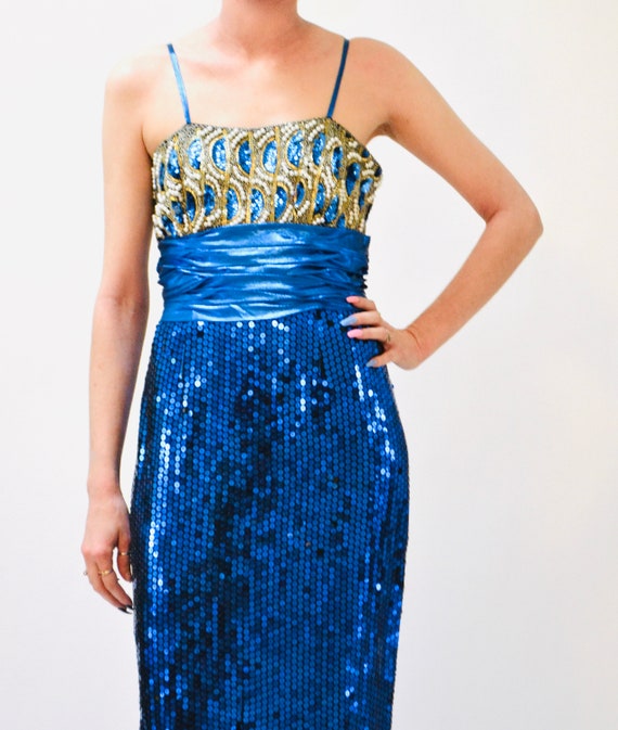 Vintage 80s Prom Dress Blue Sequin Metallic Gown … - image 3