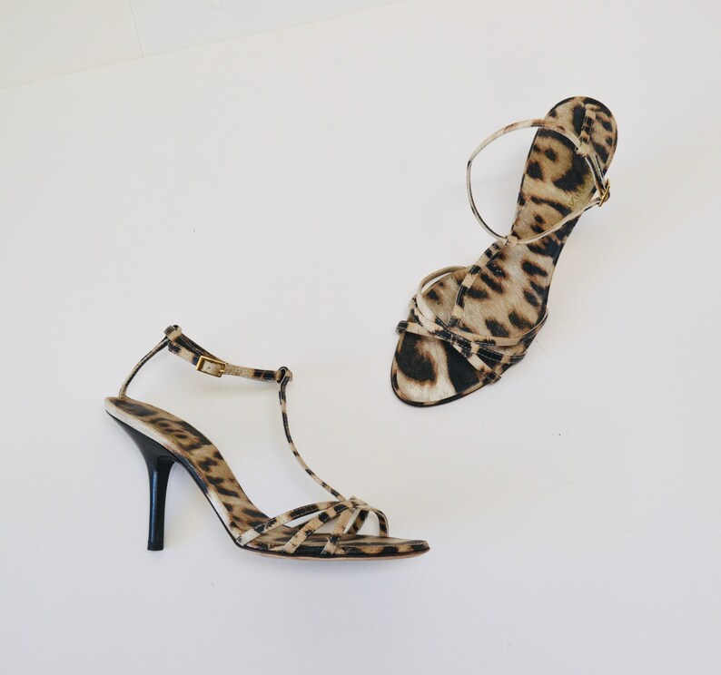 Vintage 00s Strappy Animal Print High Heels Size 7 37 By Roberto Cavalli Leopard Animal Print leather High heels Sandals 37 Roberto Cavalli image 7