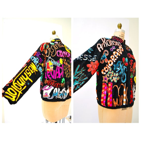 80s 90s Pop Art Vintage Sequin Jacket Black with … - image 9