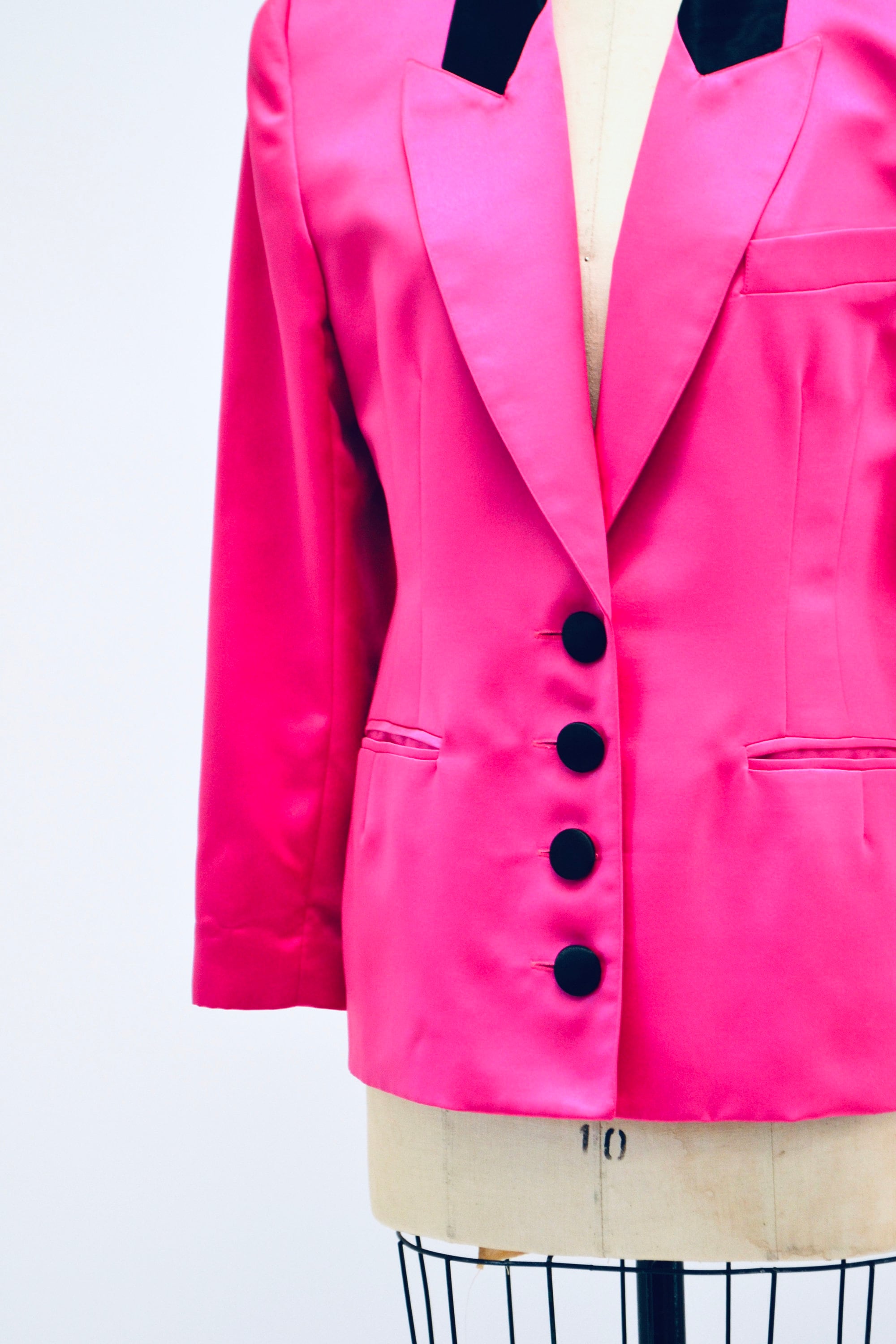 Vintage 80s 90s Bright Pink Fuchsia Satin Suit Jacket Blazer