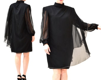 Vintage Schwarzes Kleid Drapierte Seide Größe Large Formelle Party // 80er Vintage Schwarzes Seidenkleid mit Strasssteinen Größe L
