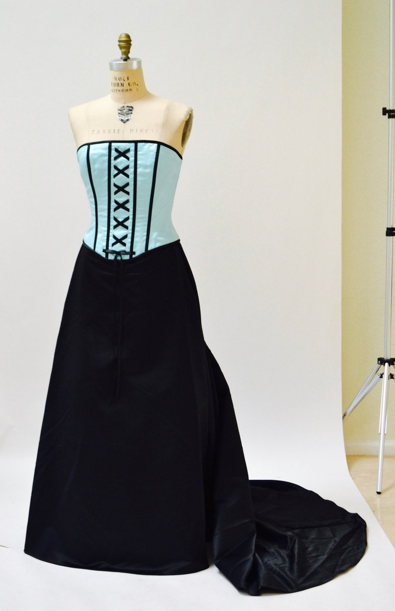 Vintage Black Ball Gown Evening Gown Dress Size Small With Train and Crinoline Skirt// 90s Prom Dress Black Blue Ball Gown with Corset Small image 4