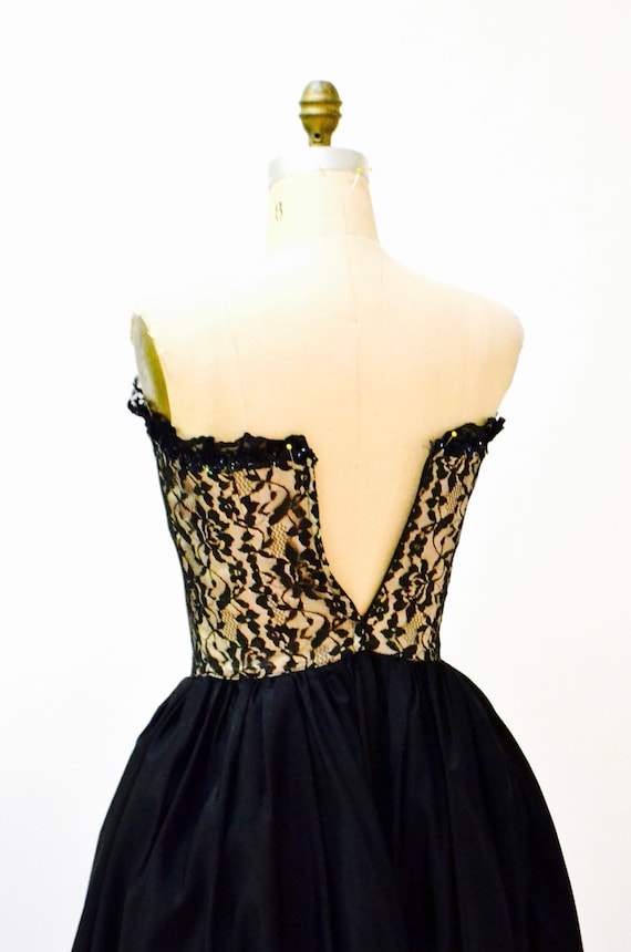 Vintage 80s Prom Dress Strapless Black Lace Sequi… - image 8
