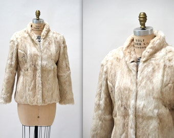 Vintage Rabbit Fur Jacket Coat Cream White Rabbit Fur Coat Size Medium// 80s Vintage Rabbit Fur Jacket Cream White