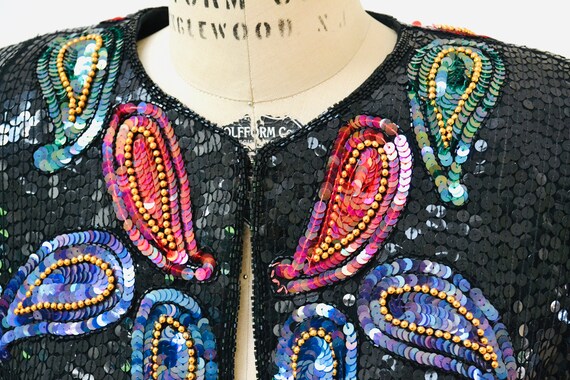 Vintage Black Sequin Jacket Paisley Beaded Jacket… - image 4