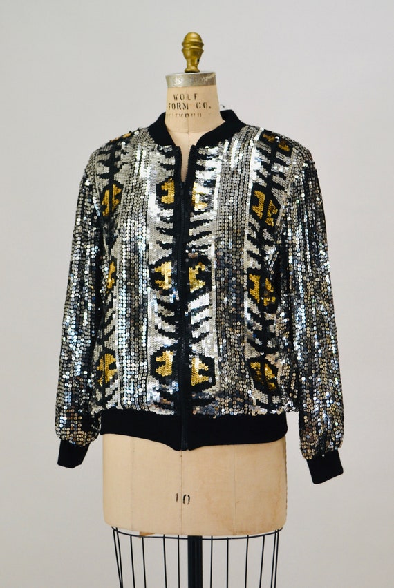 Vintage 80s 90s Silver Sequin Party Bomber Jacket… - image 5