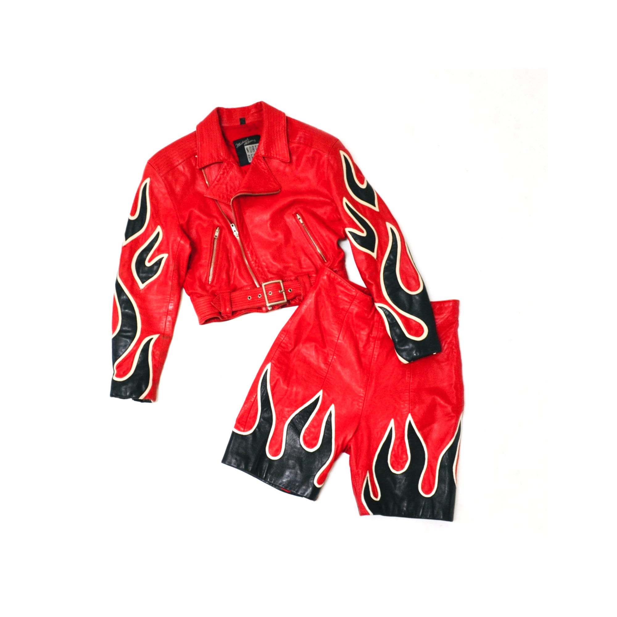 90s Vintage Leather Motorcycle Jacket RED Small Medium Michael Hoban North Beach Leather// Vintage Leather Biker Jacket Flames Red Black