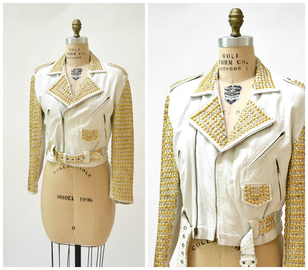 Vintage White Leather Biker Jacket With Rhinestones Gold Vintage White Leather Biker Jacket With Rhinestones Gold
