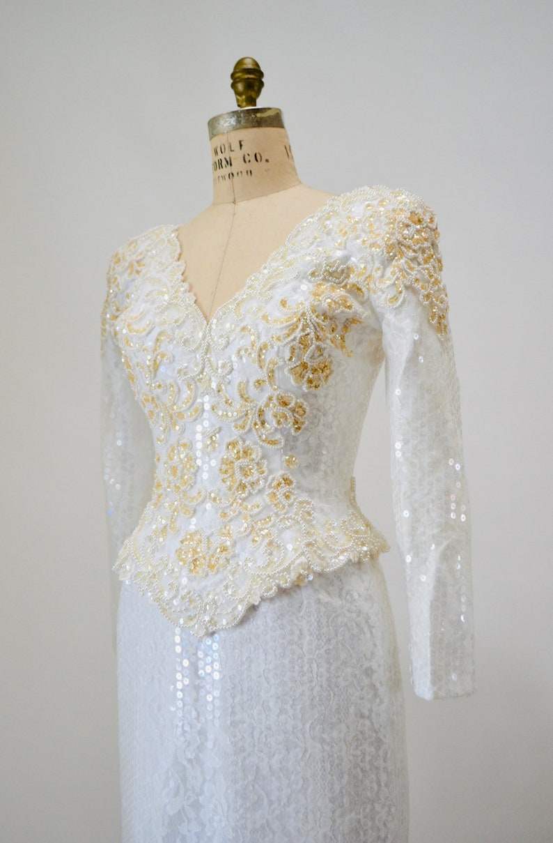 Robe de mariée vintage en dentelle blanche à sequins des années 80 et 90, robe de mariée classique vintage petite taille//robe vintage à sequins blancs à manches longues image 9