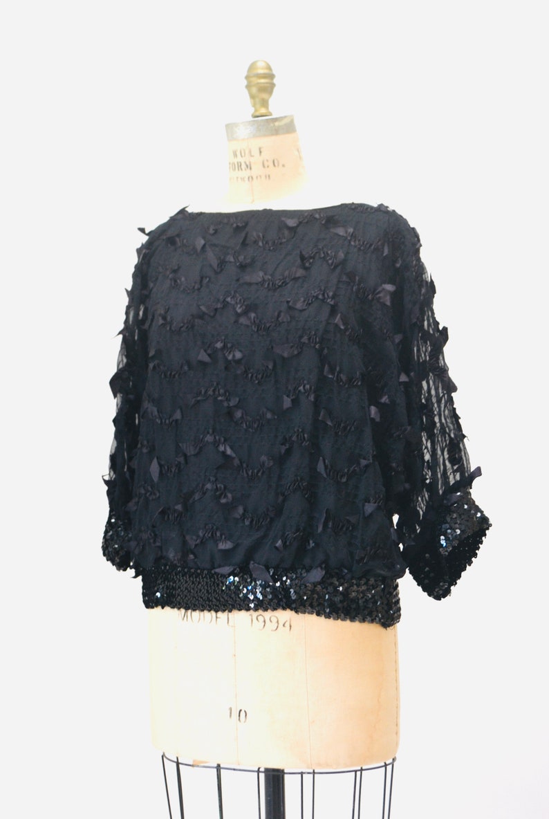 70s 80s Vintage Black Ribbon Sequin Top Ribbon Fringe Sequin Top For Party Dolman Sleeves Large Black Party Top Shirt with Ribbon fringe image 3