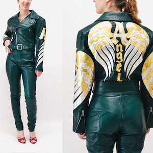 Vintage Leather Motorcycle Jacket and Pants by North Beach Michael Hoban// Vintage Green Gold Metallic Leather Moto Angel Wings Leather Suit image 1