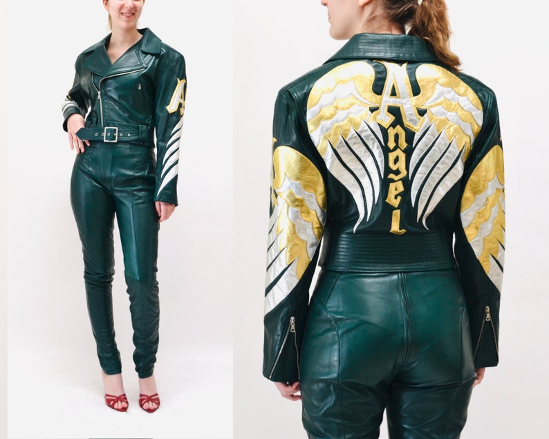 Vintage Leather Motorcycle Jacket and Pants by North Beach Michael Hoban// Vintage Green Gold Metallic Leather Moto Angel Wings Leather Suit image 1