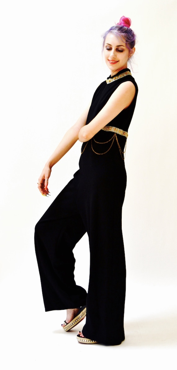 70s Vintage Black Jumpsuit Medium Large Metallic … - image 5