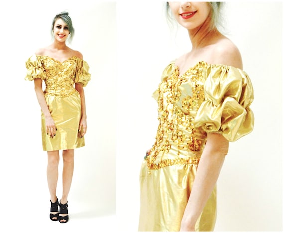 Metallic 80s Prom Dress Gold Size XXS XS by Mike B
