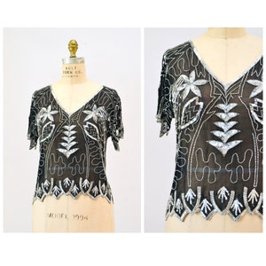 70s 80s glamour vintage zwart zilver pailletten top shirt klein medium art deco flapper disco geïnspireerd metallic pailletten top zilver zwarte zijde