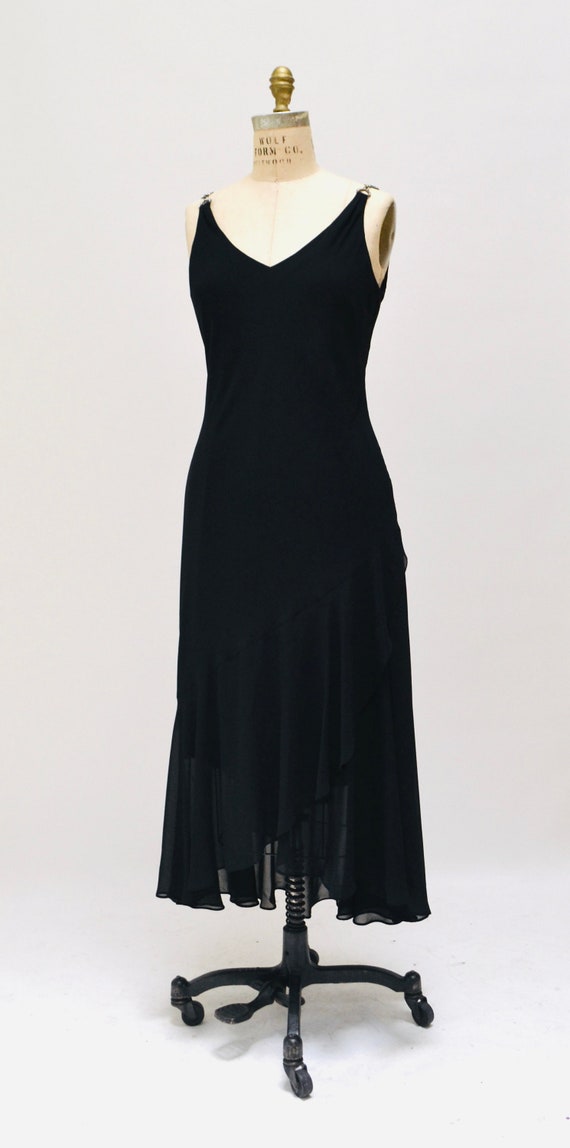 Vintage 00s Y2K Bias Cut Black Dress Black Chiffo… - image 2