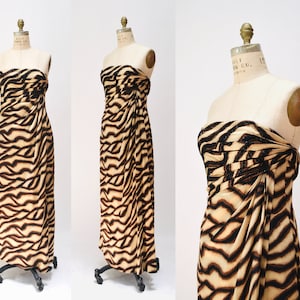 2000s y2k Vintage Bob Mackie Gown Dress Zebra Animal Print Beaded Dress Strapless Silk Evening Gown Small Medium Bob Mackie Pageant Dress