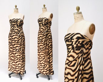 2000s y2k Vintage Bob Mackie Gown Dress Zebra Animal Print Beaded Dress Strapless Silk Evening Gown Small Medium Bob Mackie Pageant Dress